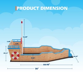 Large Pirate Ship Sandbox, Wooden Sand Box with Seat and Rudder, Playset Outdoor Backyard, Children Outdoor Play, 76''L x 36''W x 76''H