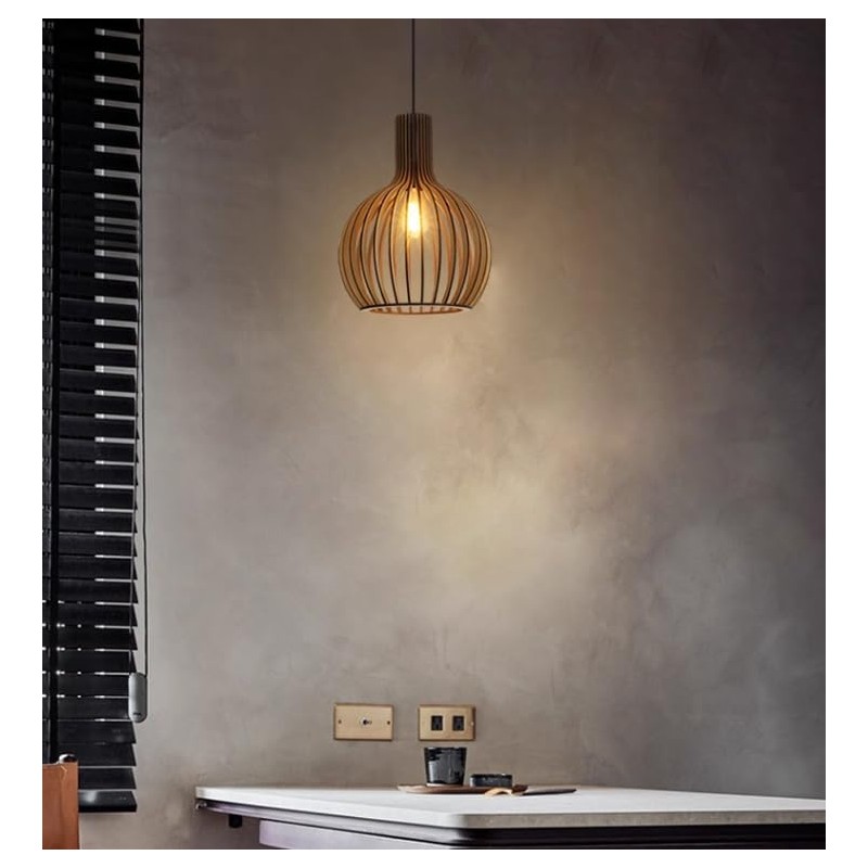 KY LEE Pendant Light, Wood, Japanese Style, Base E26, Antique