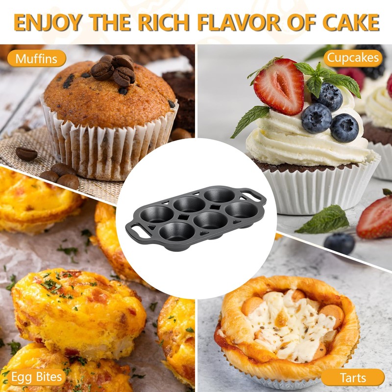 COSORM Pre-Seasoned Cast Iron Muffin Pan - 6-Cup Nonstick Cupcake