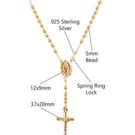 Savlano 925 Sterling Silver Italian Solid Bead Chain Cross & Rosary Virgin Mary Pendant -18K Gold Plated Y Necklace Comes With Gift Box for Women - Made in Italy (20, 5mm)