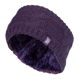 Heat Holders - Ladies Thick Cable Knitted Fleece Lined Thermal Winter Empty Skull Ear Warmer Headband (One Size, Purple)