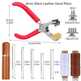 Stitching Hole Punch BUTUZE,4mm Silent Leather Hand Pliers(Rhombus 4 Teeth and 2 Teeth) with Leather Needle,Wooden Needle Case,Waxed Thread for Belts, Straps, Saddles, Shoes, Fabric, Leather DIY