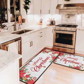 Noulmea Merry Christmas Kitchen Rugs and Mats Set 2 PCS,Red Floral Kitchen Mats for Floor,Christmas Decorations for Home Kitchen (17"x47"+17"x30",Merry Christmas)