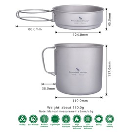 iBasingo Camping Titanium Pot Pan Set Lightweight Cookware Outdoor 1100ml Cup & 300ml Plate Set Picnic Hiking Bowl Dish with Folding Handles Backpacking Small Mess Kit Tableware for 1 Person Ti2053C