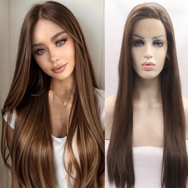 Xiweiy 6# Brown Silky Straight Lace Front Wigs Side Parting Half Hand Tied Natural Hairline Wig Heat Resistant Fiber Hair for Women 24inch