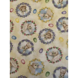Henry Glass & Co. EASTER BUNNIES YELLOW HOPPY HUNTING BY HENRY GLASS BUNNY RABBIT Cotton Fabric HY