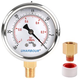 UHARBOUR Glycerin Filled Vacuum Pressure Gauge, 2-1/2" Clear dial,1/4" NPT Bottom Connection, Stainless Steel Case, Brass Movement, Dual Scales -30inHg/-1BAR-0