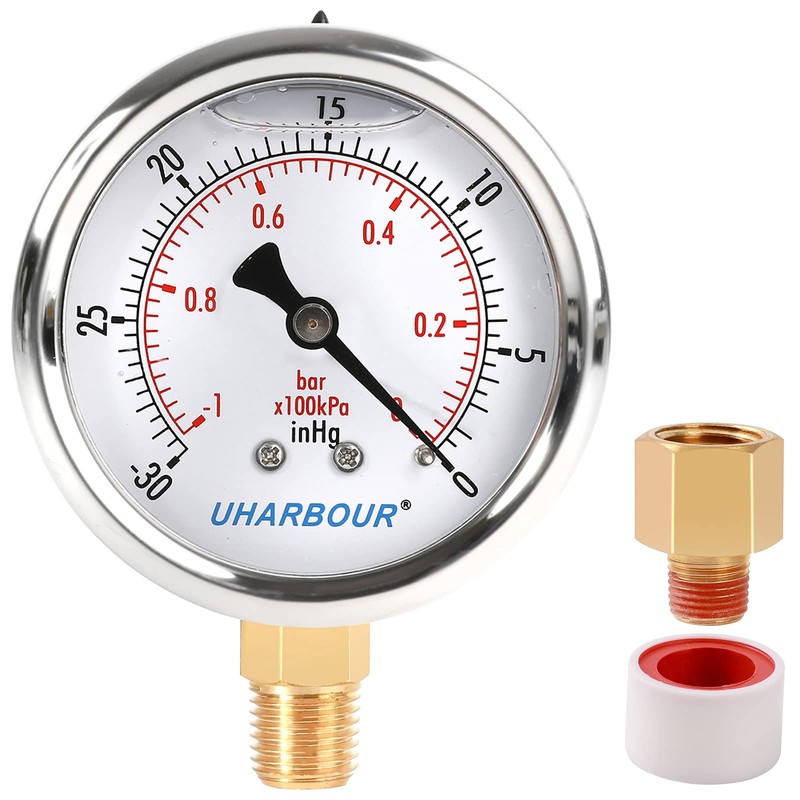 UHARBOUR Glycerin Filled Vacuum Pressure Gauge, 2-1/2" Clear dial,1/4" NPT
