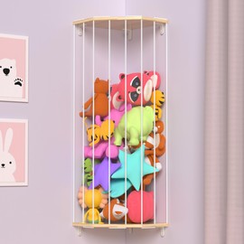 Webtrylics Corner Stuffed Animal Organizer Storage, Wooden Stuffed Animal Holder,Plushie Toys Net with 42-71inch Length,Wall Mounted Stuffed Animal Storage for Nursery,Bedroom