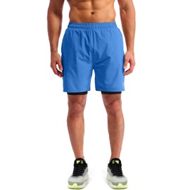 Pudolla Pantalones cortos de correr 2 en 1 para hombre, 7 pulgadas, secado rápido, pantalones cortos de entrenamiento atlético, para hombre con bolsillos para teléfono, Azul Real, X-Large