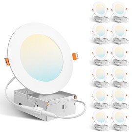Amico 12 Pack 4 Inch 5CCT Ultra-Thin LED Recessed Dimmable Ceiling Light with Junction Box, 2700K/3000K/3500K/4000K/5000K Selectable, 10W Eqv 60W, 800Lumens, High Brightness Downlight - ETL&FCC