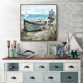 Framed Wall Art Bedroom Nautical Decor Boat Canvas Picture Rustic Coastal Sand Canvas Print Ocean Beach Painting Seascape Sea Bird Vintage Ship Artwork for Seaside Home Living Room Office Bathroom