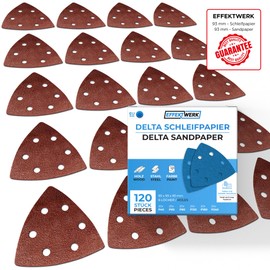 EffektWerk Delta Sandpapers (120 Pack 6 Holes) 93x93x93mm Triangular Sanding Pads for Mouse Sanders Multiple Grits (40, 60, 80, 120, 180, 240)