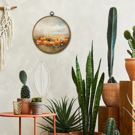 Mcehtle Vintage Fall Pumpkin Wall Art Decor, Rustic Autumn Wildflower Field Landscape Framed Canvas Prints 10x10, Countr Farmhouse Round Wall Hanging Artwork Decorations for Bedroom Living Room Home