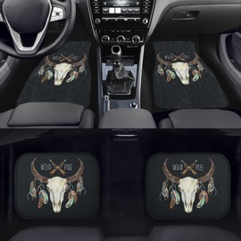 Foruidea Cow Buffalo Skull with Feathers Front & Rear Car Floor Mats for Cars Auto Floor Mats 4-Pcs Full Set Car Carpet Floor Mats Universal fit for suvs,Trucks,sedans,Vans