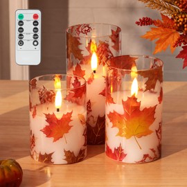 JOIONE Fall Flameless Glass Candles, 3 Pack Maple Leaf LED with Remote