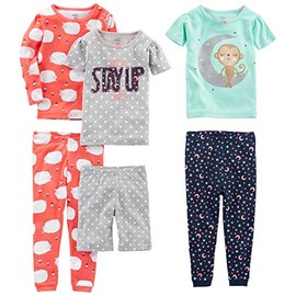 Simple Joys by Carter's Baby Girls' 6-Piece Snug Fit Cotton Pajama Set, Coral Orange Sheep/Green Monkey/Grey Dots/Navy Stars, 6-9 Months