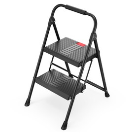 TOOLF 2 Step Ladder, Folding Step Stool with Anti-Slip Wide Pedals & Handrail, Safe-Lock Design, Portable Sturdy Steel Ladder Stool for Home & Work Use – Black
