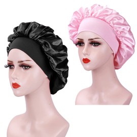 2 Pieces Satin Hats Women Silk Hat Night Satin Hat with Soft Elastic Band Silk Cap for Makeup (Black+Pink)
