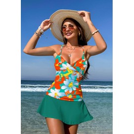 Womens Floral Tankini Swimsuits Tummy Control Modest Swimdress Bathing Suits Swimwear Green