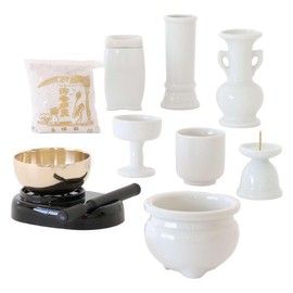 Yamako Japanese Buddhist Altar Set, White, Plain, Pottery 7 pieces, Incense Burner Ash + 3 Orin Inserts, Incense Difference, Match Elimination, Modern Mini Buddhist Altar, Bon Festival, Higashigan,