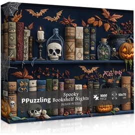 Rompecabezas de estantería de Halloween para adultos, 1000 piezas, desafiante rompecabezas de biblioteca gótica clásico con calabazas, calaveras, velas, murciélagos y telarañas, rompecabezas de arte