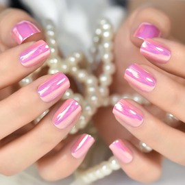 LINSSQ Pink Press on Nails, Medium Short Squoval False Nails, Beauty Pink Metallic Mirror Manicure Reusable UV Gel Fake Finger Nail Art for Daily Office Party