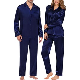 SWOMOG Men Pajamas Matching Pajamas Set Silk Satin Women Pj Set Long Sleeve Button Down Sleepwear 2 Pcs Loungewear Deep Navy Blue Medium