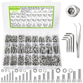 K Kwokker M3 M4 M5 M6 Nuts and Bolts Assortment Kit 20 Size 8MM to 25MM 304 Stainless Steel Hex Socket Head Cap Metric Machine Screws, 1160Pcs Silver Bolts and Nuts Kit with Lock Washers for Screws