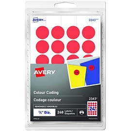 Avery Removable Colour Coding Round Labels, 3/4" Diameter Circle, Red 240 Labels Per Pack (2343)