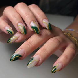 Press on Nails Medium French Almond False Nails Green Fake Nails Artificial Acrylic Nails with Gold Lines Design Full Cover Glossy Reusable Coffin Nails Glue on Nails for Women 24Pcs