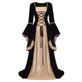 frawirshau Renaissance Costume Women Medieval Dress Queen Gown Role Play Dress Up Black Dress L