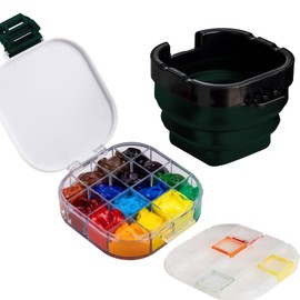 Falling in Art 16 Wells Paint Palette, Airtight Palette Storage Box with Lid and Folding Paint Brush Basin for Watercolor, Gouache and Acrylic Painting, Dark Green
