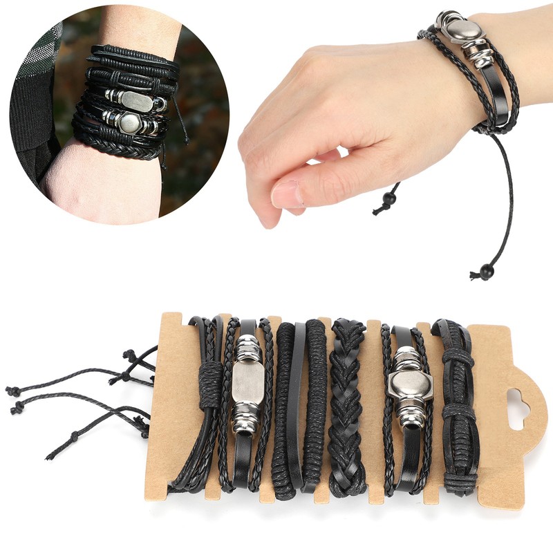 2Sets Adjustable Braided Bracelet Metal Inlaid Wristband Retro Style Cuff