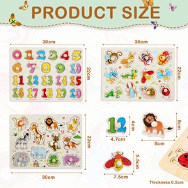 URHRHU Pack of 3 Wooden Puzzles Animals Insects Numbers Baby Toy Puzzle from 1 2 3 Years Montessori Toy Puzzle Wooden with Wooden Buttons Gripping Puzzle Learning Toy for Boys Girls Children's Gifts