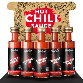 Chili Hot Sauce Bottle Set [5x1.35 oz] - Gifts for Men - For BBQ, Beef, Meat & Spicy Food Lovers - Little Thank You gift for Coworker, teacher, employee or Dad's Birthday by TIMBER TASTE®