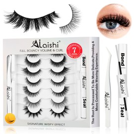 AILAISHI Wispy False Eyelashes Kit With Bond, Seal and Tweezer, 7 Pairs Natural Look Fake Cat Eye Lashes Strips Thin Band Extensions Waterproof Easy Eyelashes for Beginners RQ7Variety Mix