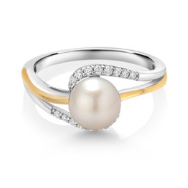 Gem Stone King 7-7.5MM Cultured Freshwater Pearl and Lab Grown Diamond Ring For Women | 925 Sterling Silver and 10K Yellow Gold | Fine Jewelry Gifts for Her Mom Wife (Size 7)