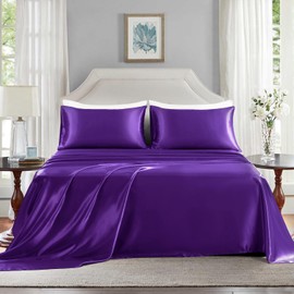 GOLAL Satin Sheets Queen Size - 4 Pieces Luxury Silky Soft Bed Sheets, Wrinkle-Free Dark Purple Satin Silk Sheet Set with 1 Deep Pocket Fitted Sheet, 1 Flat Sheet, 2 Pillow Cases