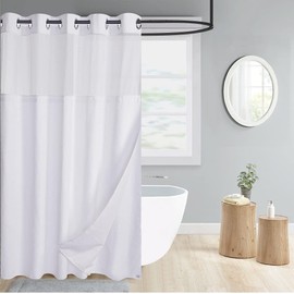 WPM No Hooks Required Shower Curtain with Snap-in Liner Waffle Weave Design, Hotel Style Waterproof & Washable, Mesh top Window Easy Snaphook Bathroom Curtains (72"X74" W/Liner, White)