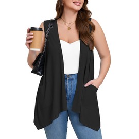 AusLook Women's Plus Size Lightweight Open Front Sleeveless Cardigan Black 2X Causal Cover Ups Shrugs Tops Shawls and Wraps Kimono Jacket Coat