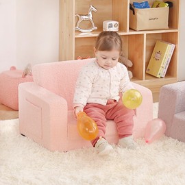 Givjoy Toddler Chair Sherpa Kids Couch, 2-in-1 Toddler Soft Kids Sofa Toddler Lounger Chair for Bedroom, Convertible Toddler Couch for Girls and Boys, Reading Chair for Kids, Pink