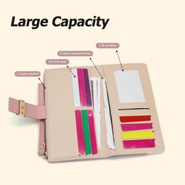 AdiStylinno Women's Bifold PU Leather Purse Women Large Capacity Long Purse Slim Zip Card Holder Wallet with Multi Card Slots and Wrist Strap, pink, Modern