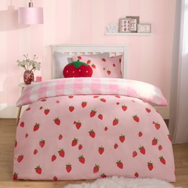 OHS Check Bedding Strawberry Print, Kids Girls Single Duvet Covers Bed Set with Pillowcases Super Soft Microfibre Gingham Luxury Decorative, Pink