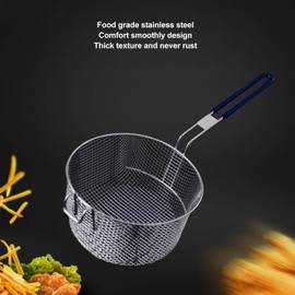 Deep Fry Basket, Round Stainless Steel Drain Frying Basket Kitchen Cooking Strainer Colander for French Fries Long Handle Reusable Resistant Fry Net (Rubber Handle)