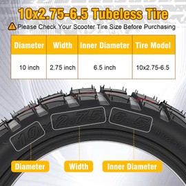10x2.75-6.5 Scooter Tire, Electric 10 inch Rubber Tubeless Wheels Off-Road Vacuum with Valve, Puncture-Proof, Non-Slip, Front or Rear Replacement