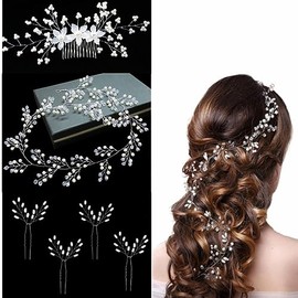 Jindizi Wedding Hair Accessories for Brides, 6 Pcs Bridal Hair Accessories Include 1 Rhinestone Hair Comb 1 Extra Long Pearl Bridal Hair Vine and 4 V-shaped Pearl Hair Accessories Silver Hair Jewelry