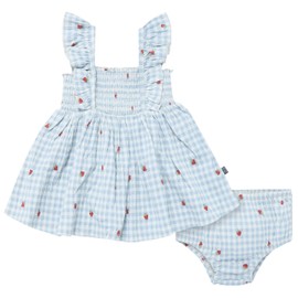 Modern Moments by Gerber Baby Girl's 2-Piece Ruffle Sleeve Dress W/Smocking & Diaper Cover Set, Ivory Strawberry Gingham