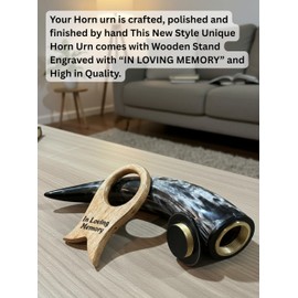 Horn Urn Very Unique & Beautiful Cremation Urn Made with Genuine Horn -Urn Memorial Keepsake for Human Men, Women & Pets- Engraved Stand -Decorative Urn with Stand