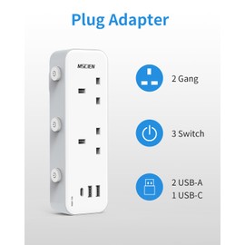 Double Plug Adaptor with USB (1USB-C, 2 USB-A), MSCIEN Plug Adaptor with Individually Switched (Blue Indicator) Multi Plug, Plug Adapter White for Home, Office, Dorm Plug Adapter with USB